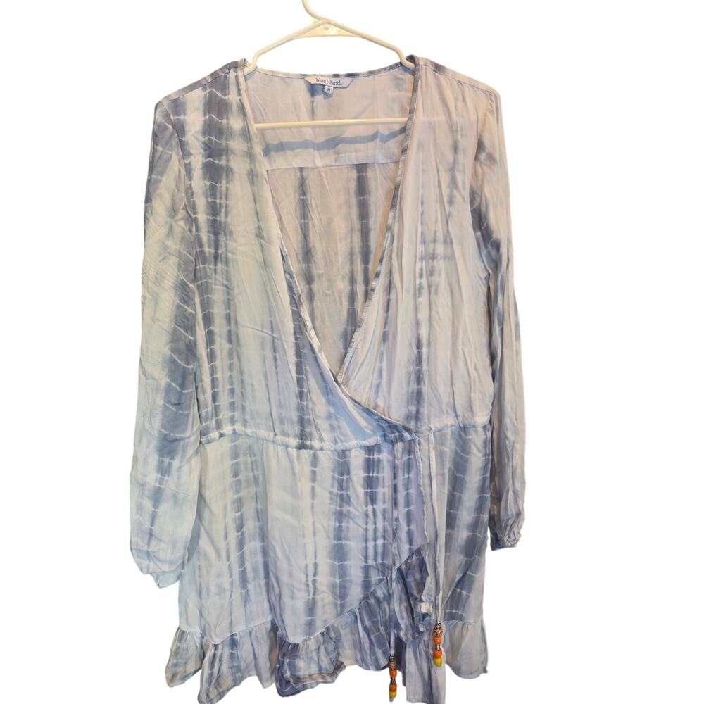 Blue Island Swimsuit Cover Up M Womens Long Sleeve Blue Whits Tie Dye‎ Look Swim